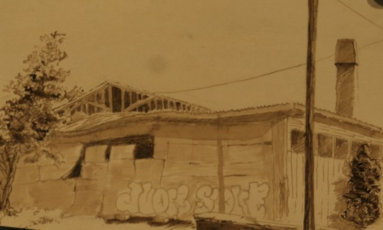 River District Warehouse, Asheville.  Walnut ink