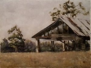 Burnt-out house in northern Chowan County.  Oil on paper. 12 x 16in.