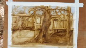 Note the ink drawing against the tree in the foreground.